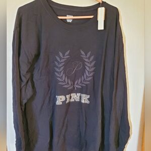 Victoria's Secret PINK Oversized Long Sleeve Campus Tee Black Rhinestone Logo